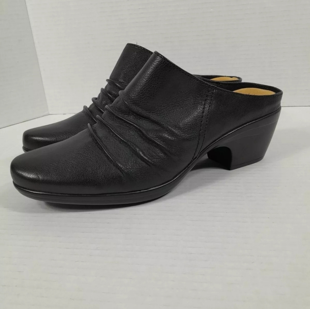 Clarks Emily Charm Leather Clogs Mule Ruched Women Sz 11 Black‎